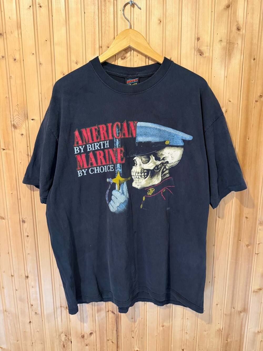 Vintage 90s Soffe's American By Birth Marine By Choice Skeleton Graphic Shirt XL
